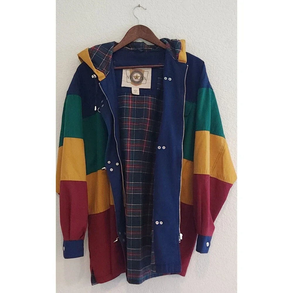 Vtg 90s Venezia Colorblock Fireman Jacket 18 20 Plus XL Plaid Lined Hooded Parka